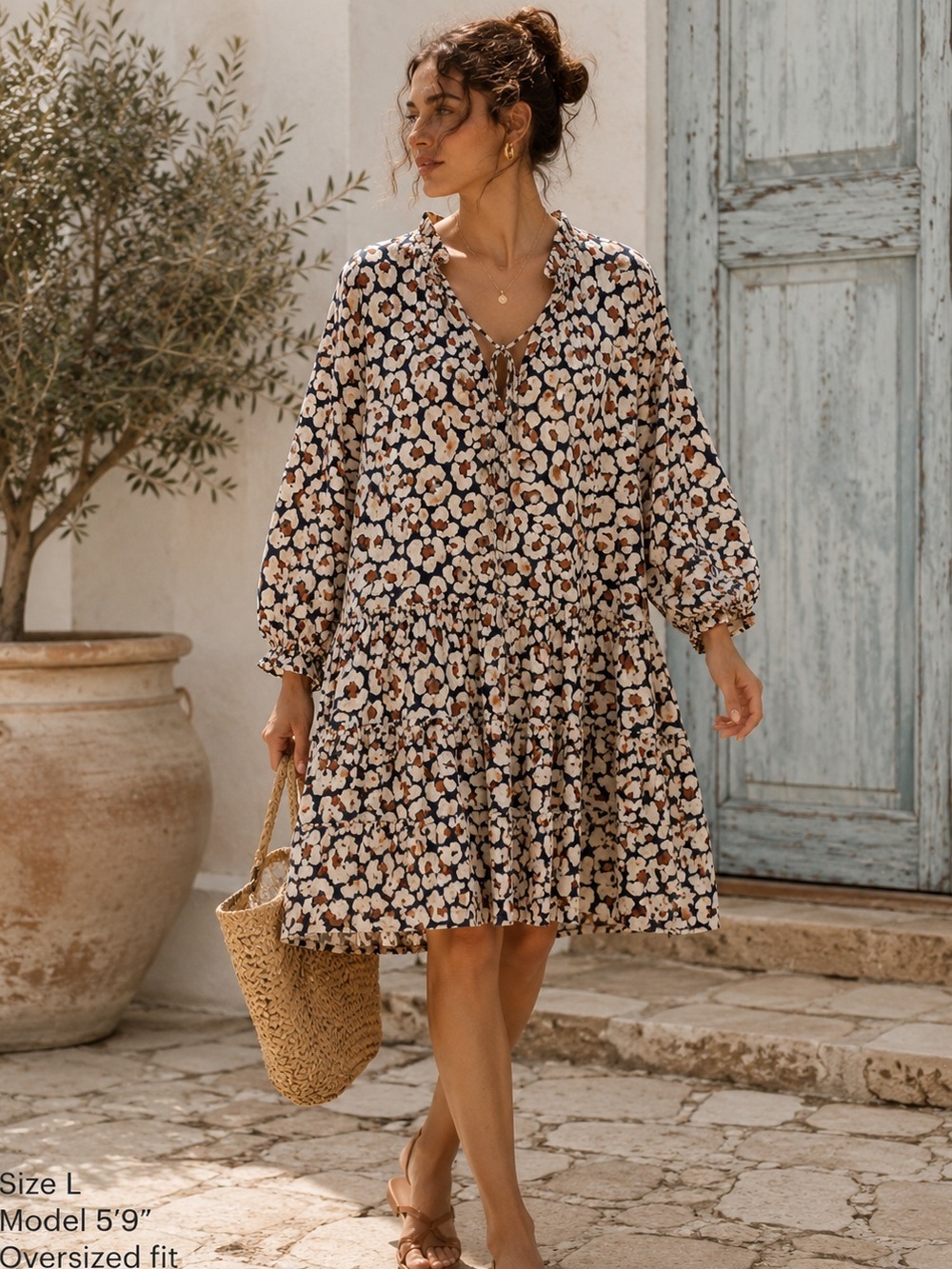 Hudson North Leopard Print Dress 1X Neutral Boho Cottagecore Tunic Summer Chic